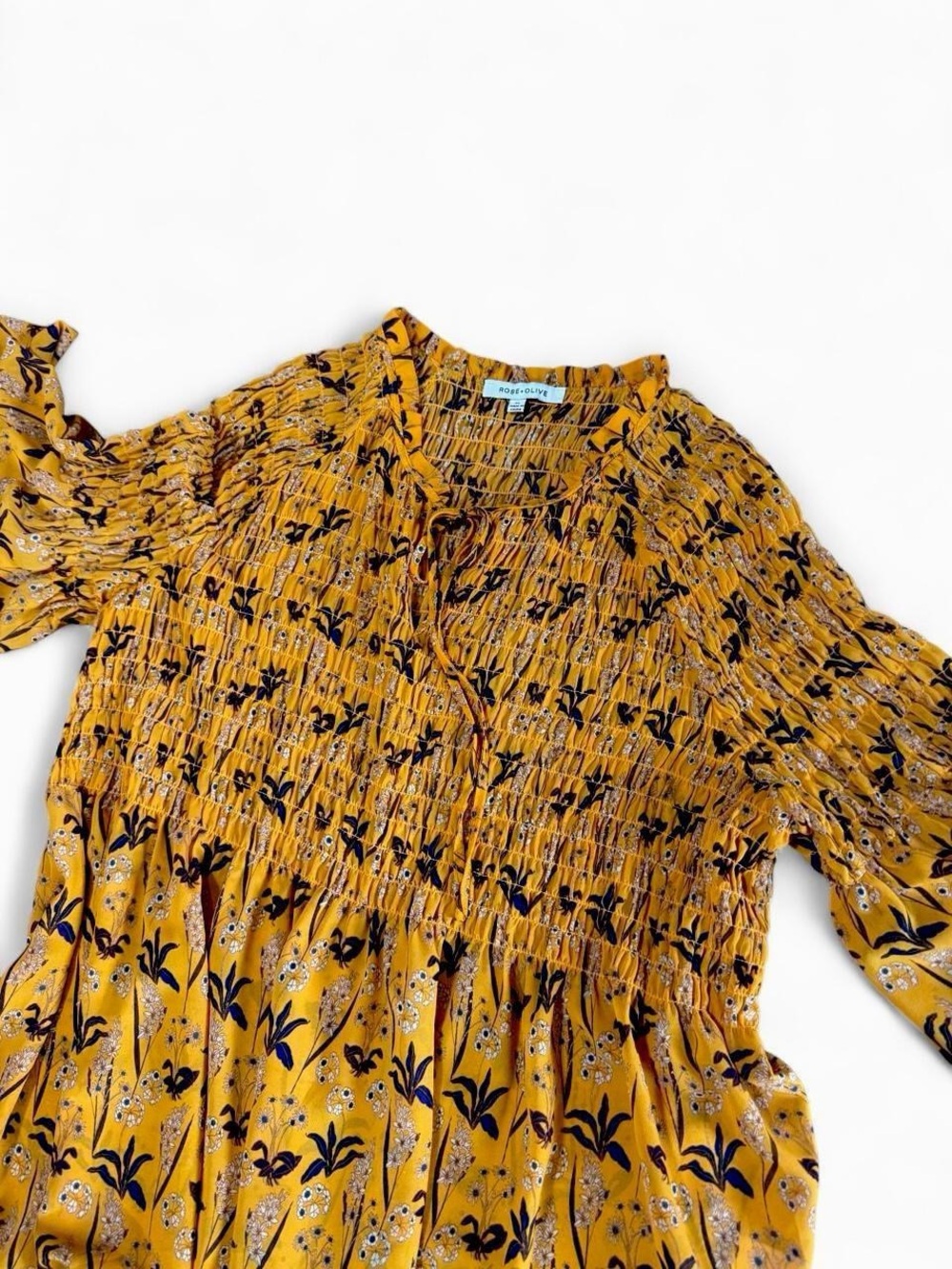 Rose & Olive yellow Mustard Floral Smocked bell sleeves top